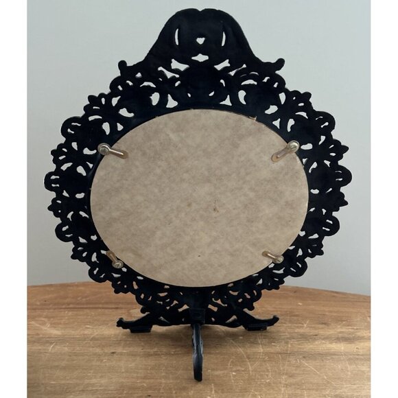 Black Cast Iron Easel Mirror Round Freestanding Tabletop Dresser Vintage - Picture 2 of 4